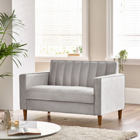 Furniturebox UK Velvet Sofa - 'Kit' 2 Seater Upholstered Beige Fabric Sofa - Vertical Stitching - Modern Living Room Furniture