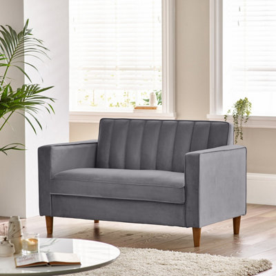 Furniturebox UK Velvet Sofa - 'Kit' 2 Seater Upholstered Grey Fabric Sofa - Vertical Stitching - Modern Living Room Furniture