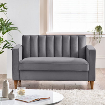 Furniturebox UK Velvet Sofa - 'Kit' 2 Seater Upholstered Grey Fabric Sofa - Vertical Stitching - Modern Living Room Furniture