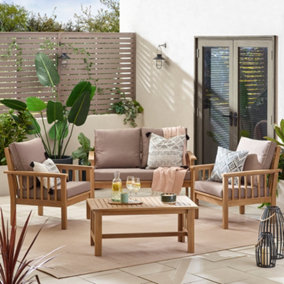 Furniturebox UK Vitur Solid Wood Garden Sofa Set - Acacia Wood 2 Seater Garden Sofa & 2 Outdoor Armchairs With Coffee Table