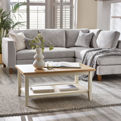 Furniturebox UK Wood Coffee Table - Eden Wooden Coffee Table - Pale Oak Veneer Top & Cream Legs - Rustic Farmhouse Coffee Table