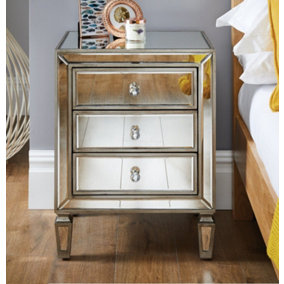 Furniturebox Venice Contemporary 3 Drawer Silver Framed Mirrored Bedside TableWith Crystaline Shaped Handles