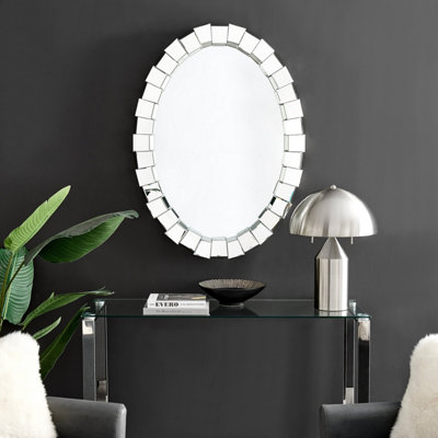 Furniturebox Venus Multi Faceted Medium 105cm x 77cm Oval 3D Cube Mirrored Frame Bedroom Hallway Dining Living Room Wall Mirror