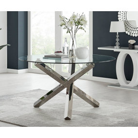 Furniturebox Vogue Contemporary Large Round Tempered Glass Dining Table With Silver Chrome Sculptured Legs