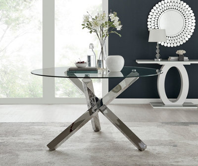 Furniturebox Vogue Contemporary Large Round Tempered Glass Dining Table With Silver Chrome Sculptured Legs