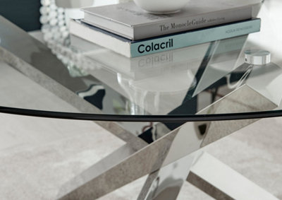 Furniturebox Vogue Contemporary Large Round Tempered Glass Dining Table With Silver Chrome Sculptured Legs
