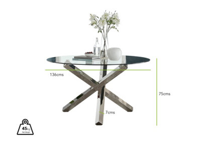 Furniturebox Vogue Contemporary Large Round Tempered Glass Dining Table With Silver Chrome Sculptured Legs