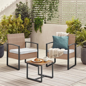 FurnitureboxUK Algarve Outdoor Rattan Chairs and Table, Small 2 Seat Light Brown Garden Chairs & Coffee Table Set, Free Cover