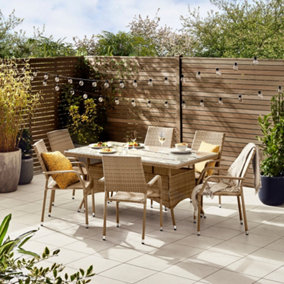 FurnitureboxUK Antigua Outdoor Rattan Dining Table and Chairs, 6 Seat Natural Light Brown Garden Dining Set For Patio & Deck
