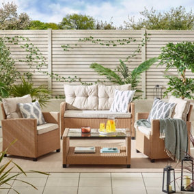 FurnitureboxUK Arizona Rattan 4 Seat Outdoor Sofa Set - Beige Light Brown Garden Sofa Chairs & Coffee Table For Patio and Deck