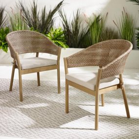 FurnitureboxUK Asa Set Of 2 Wood & Wicker Rattan Outdoor Dining Chairs + Cream Cushion - Pair Of Rustic Garden Chairs