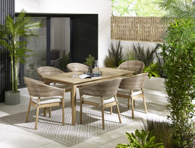FurnitureboxUK Asa Wood Outdoor Dining Table and Chairs - Rectangular Wooden Garden Table &  6Wood & Wicker Rattan Garden Chairs