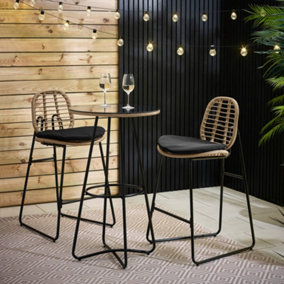 FurnitureboxUK Belize Light Brown Rattan Outdoor Bar Set - Round Garden Bar Table + 2 Rattan Bar Chairs with Black Cushions