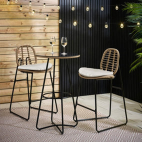 FurnitureboxUK Belize Light Brown Rattan Outdoor Bar Set - Round Garden Bar Table + 2 Rattan Bar Chairs with Cream Cushions