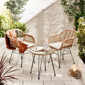 FurnitureboxUK Belize Light Brown Rattan Outdoor Set - Round Garden Coffee Table + 2 Rattan Garden Chairs with Cream Cushions
