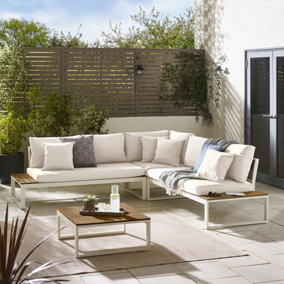 FurnitureboxUK Dubai Metal & Wood 6 Seat Outdoor Corner Sofa Set + Table - White & Wood Effect + Cream Cushions Garden Furniture