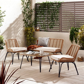 FurnitureboxUK Lisbon Outdoor Rattan Sofa Set - 2 Seat Sofa + 2 Garden Chairs & Table - Beige Wicker & Cream Set For Patio & Deck
