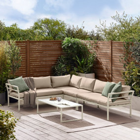 FurnitureboxUK Montenegro Beige White Aluminium Metal Luxury 6 Seater Garden Outdoor Patio Corner L Shaped Sofa Set - Free Cover