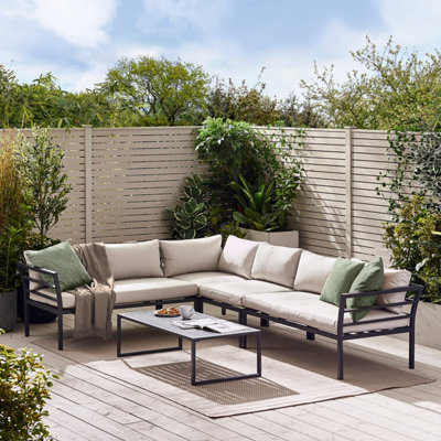 FurnitureboxUK Montenegro Grey Aluminium Metal Luxury 6 Seater Garden Outdoor Patio Corner L Shaped Sofa Table Set - Free Cover
