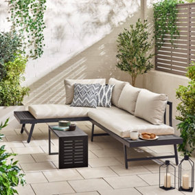 FurnitureboxUK Riviera Grey Modular 2 Seat Garden Chaise Lounger - Outdoor Metal & Cream Sofa Sun Lounger + Table For Patio & Deck
