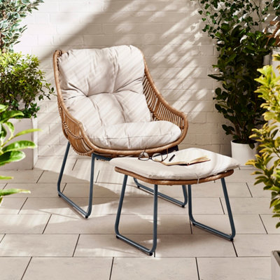 FurnitureboxUK Tahiti Outdoor Rattan Chair + Footstool In Natural Beige, Cream Cushions, Boho Garden Furniture For Patio & Deck