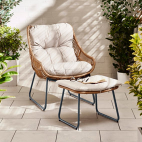 FurnitureboxUK Tahiti Outdoor Rattan Chair + Footstool In Natural Beige, Cream Cushions, Boho Garden Furniture For Patio & Deck