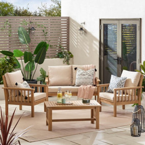 FurnitureboxUK Vitur Solid Wooden Garden Sofa Set, Wood 2 Seat Outdoor Sofa & 2 Outdoor Armchairs With Table For Patio & Deck