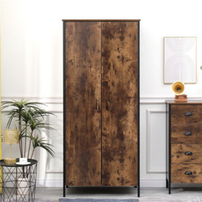 FurnitureHMD 2 Doors Wardrobe Industrial Style Wooden Clothing Storage Cabinet Hanging Rail  and Shelf