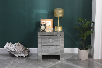 FurnitureHMD 2 Drawer Mirrored Bedside Table Crystal Units Nightstand Storage Cabinet for Bedroom,Living Room