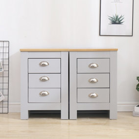 FurnitureHMD 3 Darwer Wooden Bedside Tables Set of 2 Bedside Cabinet Storage Unit Grey and Oak