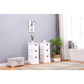 FurnitureHMD 3 Drawer Bedside Table Set of 2, White Storage Cabinet with 3 Heart-shaped Drawers Side Table for Bedroom Living Room