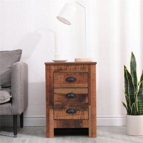 FurnitureHMD 3 Drawer Bedside Table Wooden Organiser Unit Rustic Nightstand Bedside Cabinet