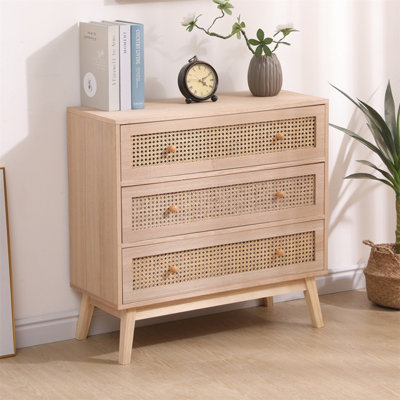FurnitureHMD 3-Drawer Ratten Bedroom Dresser,Chest of Drawer,Storage Organiser Unit,Round Wooden Handle