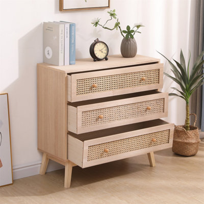 FurnitureHMD 3-Drawer Ratten Bedroom Dresser,Chest of Drawer,Storage Organiser Unit,Round Wooden Handle