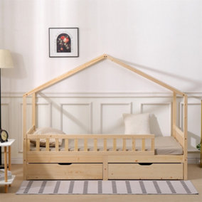 FurnitureHMD 3FT Solid Wood Kids Bed Single Bed Frame with 2 Storage Drawers Tree House bed Natural