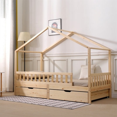 FurnitureHMD 3FT Solid Wood Kids Bed Single Bed Frame with 2 Storage ...