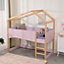 FurnitureHMD 3FT Wooden House Bed Childrens Bed Single Bed with Ladder and Guard Rail,Solid Pine Wood,Pink and Oak