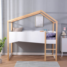 FurnitureHMD 3FT Wooden House Bed Childrens Bed Single Bed with Ladder and Guard Rail,Solid Pine Wood,White
