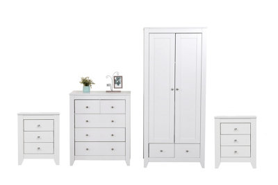 FurnitureHMD 4 Piece Bedroom Furniture Set Wooden Bedside Table, chest of Drawers, 2 Door Wardrobe White