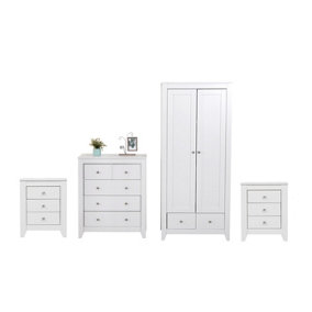 FurnitureHMD 4 Piece Bedroom Furniture Set Wooden Bedside Table, chest of Drawers, 2 Door Wardrobe White