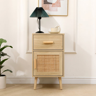 FurnitureHMD Bedroom Bedside Table Storage Cabinet Unit with Rattan Decorated Drawers,Living Room Sofa Side Table, End Table