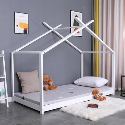 FurnitureHMD Bedroom Furniture Pine Wood Kids Bed House Bed Frame 3FT Toddler Floor Bed Frame Natural,White for Girls Boys