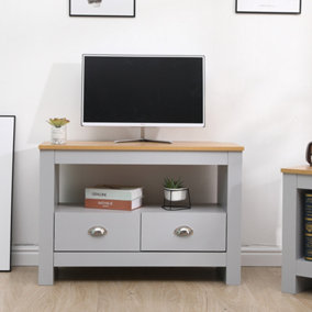 FurnitureHMD Corner TV Stand Unit Two Drawers Television Cabinet with Open Shelf Grey and Oak