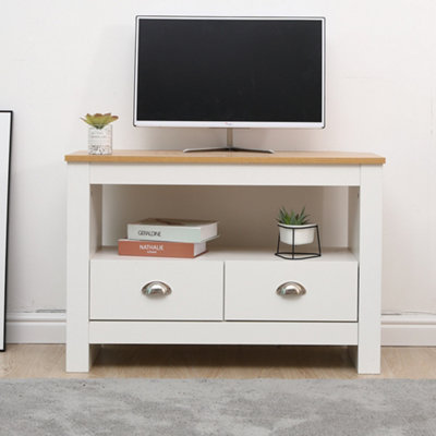 FurnitureHMD Corner TV Stand Unit Two Drawers Television Cabinet with Open Shelf White and Oak
