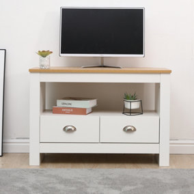 FurnitureHMD Corner TV Stand Unit Two Drawers Television Cabinet with Open Shelf White and Oak