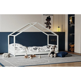 FurnitureHMD House Bed Frame 3FT Single Bed,Wooden Kids Bed, Floor Kids Bed, Suitble for 90x190 cm Mattress,White