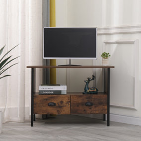 FurnitureHMD Industrial TV stand Corner Small TV Cabinet with 2 Drawers and Open Storage Shelf,Metal Frame,Vintage Color