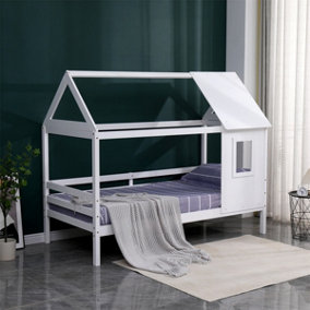 FurnitureHMD Kids House Bed with Roof Children's Bed Frame w/Bed Canopy Pine Wood Floor Bed Frame for Girls and Boys,White