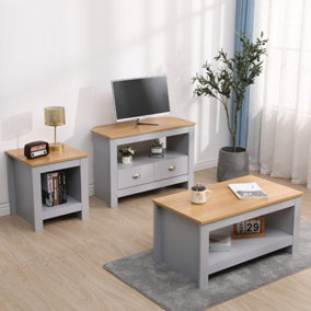 FurnitureHMD Living Room 3 Piece Set Lamp Table, Side Table, Coffee Table, TV Sstand with 2 Drawers, Grey and oak