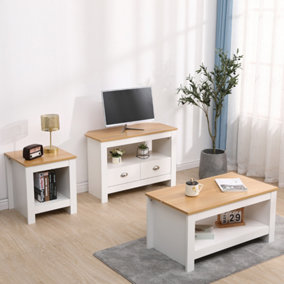 FurnitureHMD Living Room 3 Piece Set Lamp Table, Side Table, Coffee Table, TV Sstand with 2 Drawers, White and oak